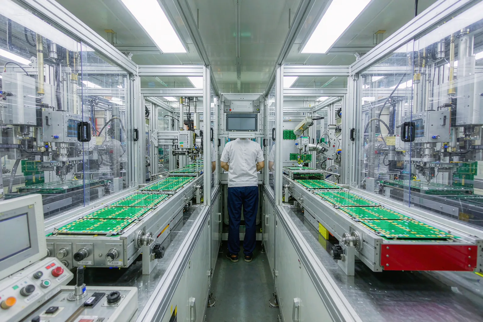 pcb板加工厂车间实拍：CNC设备与自动化产线加工绿色电路板
