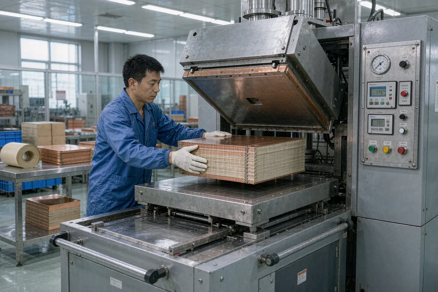 多层板压合工序：工程师将叠配好的叠层送入真空压合机