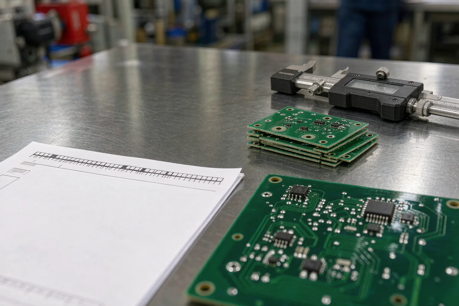 PCB打样报价明细核对：报价单与打样板摆放在工作台上